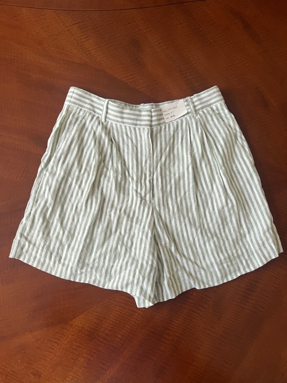 Abercrombie & Fitch Green and White Striped High-Waist Bermuda Shorts